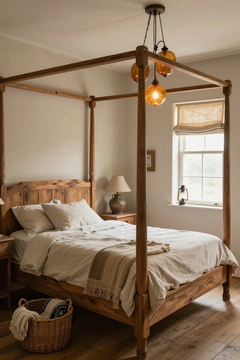 A cozy bedroom featuring a wooden four-poster bed draped in white linens and a tan throw, lit by three amber glass pendant lights hanging from the ceiling, with bedside lamps, a wicker basket on the floor, and a window with a linen roman shade.