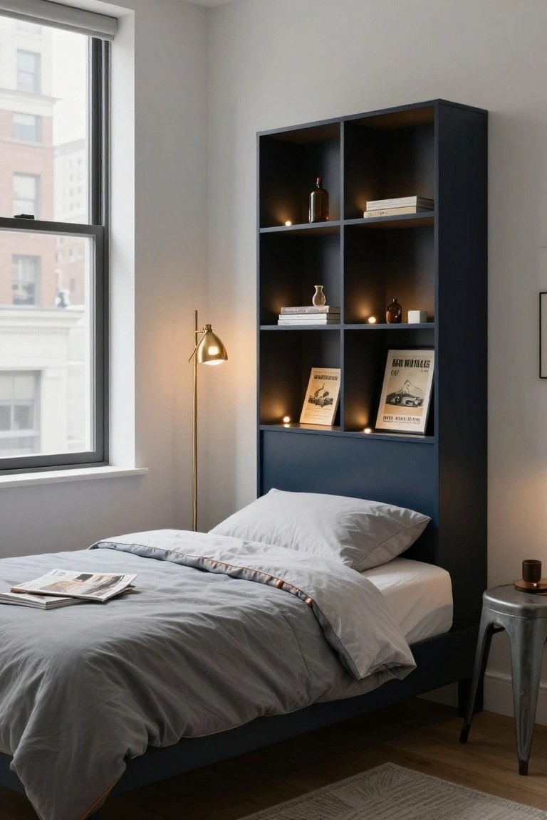 A bedroom with a tall navy blue bookshelf headboard unit containing books, bottles, and small lit candles on shelves, a bed with gray bedding and pillows, a brass floor lamp, a metal side table with a mug, and a large window with blinds.