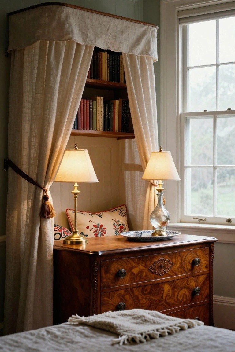A bedroom corner with a low wooden dresser topped by two lit brass lamps with fabric shades next to a bed draped in white linens under a built-in bookshelf canopy, with sheer curtains and a window nearby.