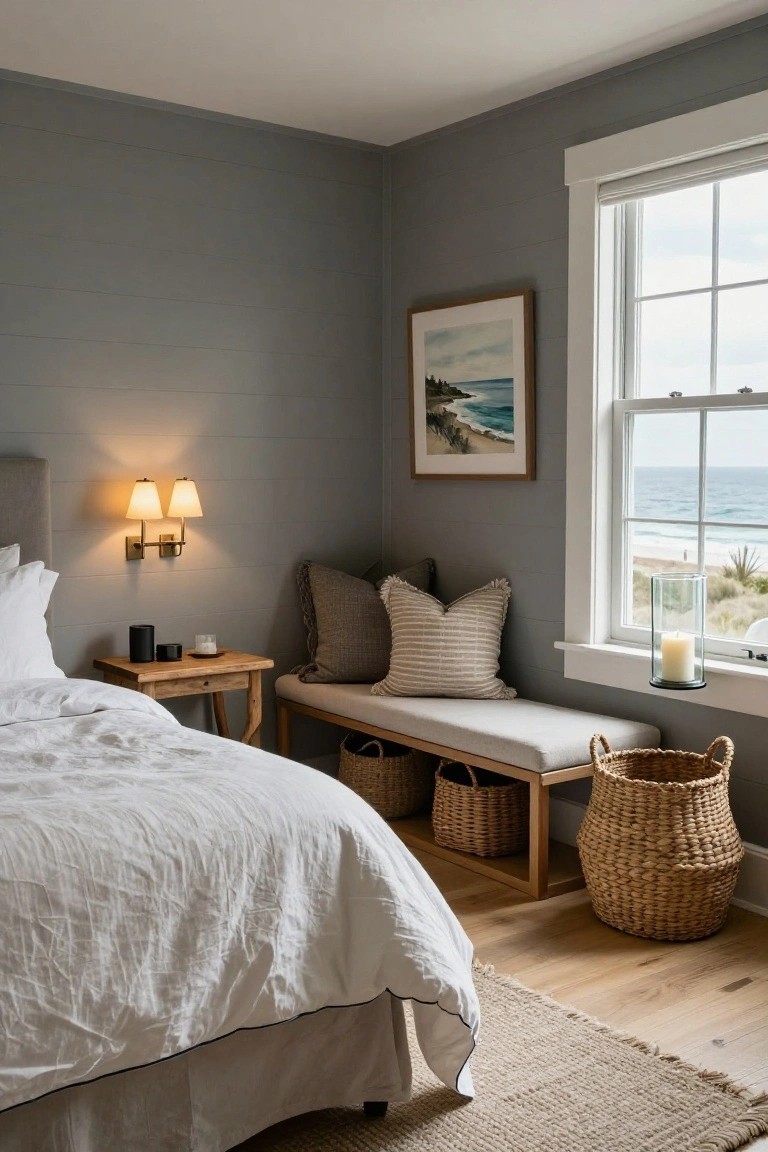 Gray shiplap-walled bedroom corner with upholstered bed, white linens, wooden nightstand holding an Echo device and candle, cushioned bench with pillows and baskets, lit wall sconces, and window with ocean view and glass candle holder.