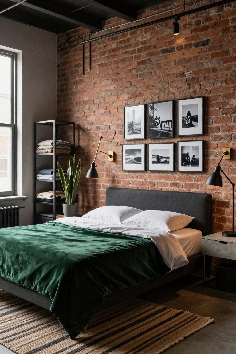 A cozy bedroom with exposed red brick walls, a low platform bed draped in green velvet bedding and white sheets, black swing-arm wall sconces on either side, black metal shelving stacked with folded clothes and a potted snake plant, black-and-white framed photos, and a bedside table.