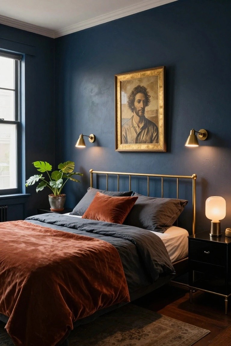 Bedroom with navy blue walls, gold-framed portrait of a man above brass bed frame with rust velvet and gray bedding, flanked by lit brass wall sconces, monstera plant in corner, white glass bedside lamp on black nightstand, and wood floor with rug.