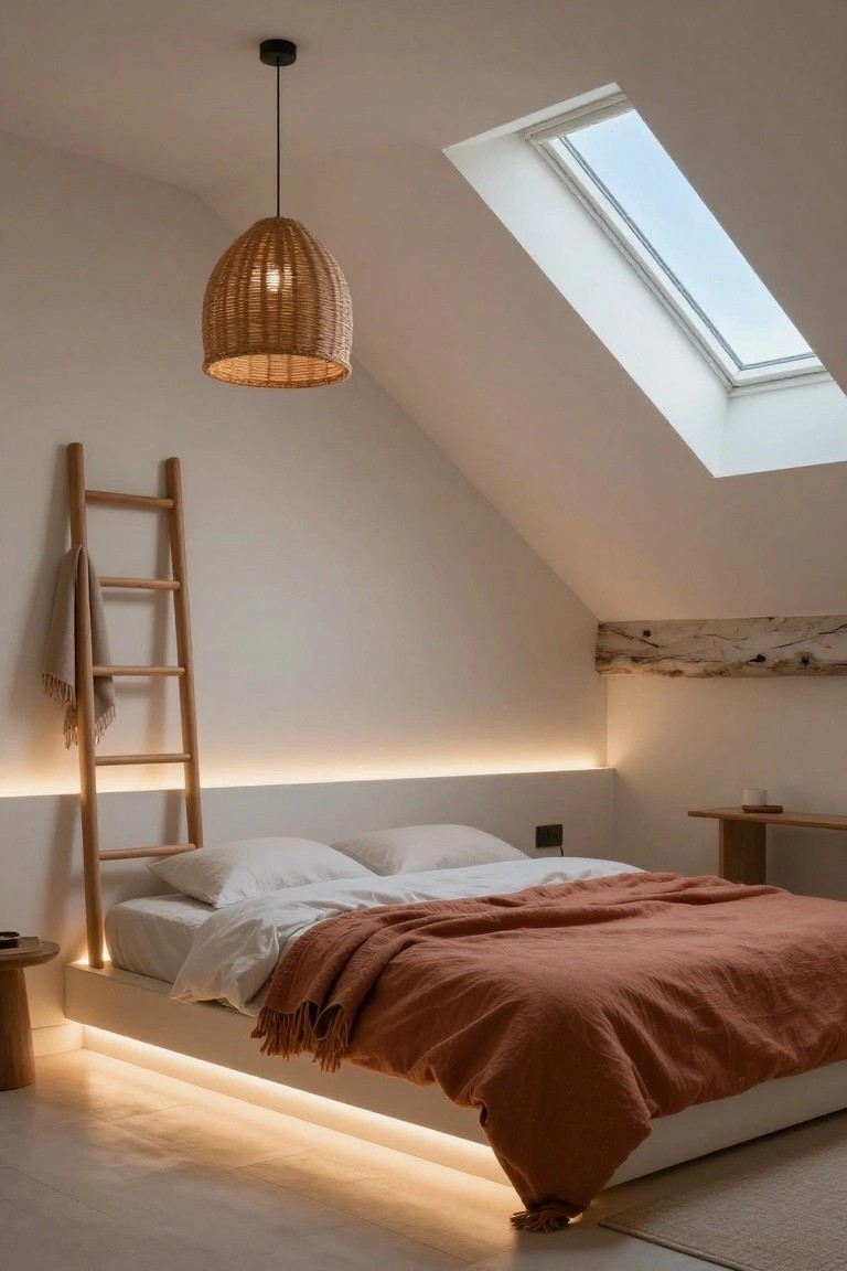 Attic bedroom with low white platform bed lit by warm LED strips underneath and along headboard, wooden ladder on wall with draped towel, rattan pendant lamp hanging from ceiling, skylight in sloped roof, wooden stool and shelf nearby.