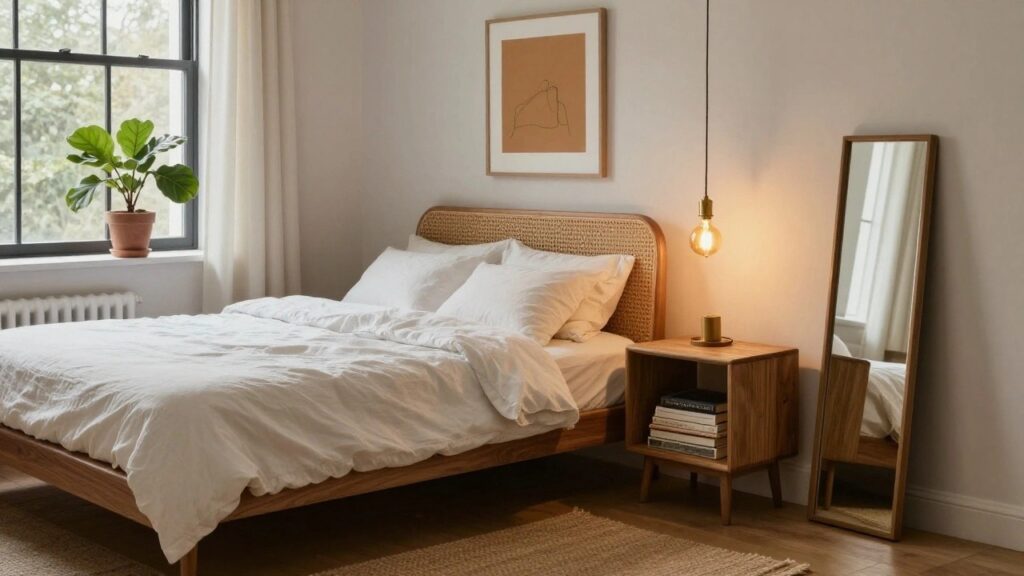 Bedroom with rattan cane headboard bed draped in white linens, wooden nightstand holding stacked books and a small mirror, single hanging pendant light with gold fixture and warm bulb, framed fig leaf artwork on beige wall, and tall black-framed window.