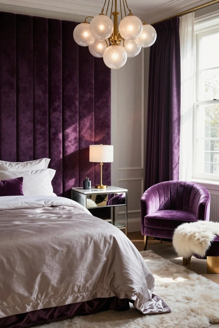 Purple velvet paneled bedroom with brass multi-globe chandelier, white bed with gray sheets, mirrored bedside table and lamp, purple tufted armchair with sheepskin, and white fluffy rug.