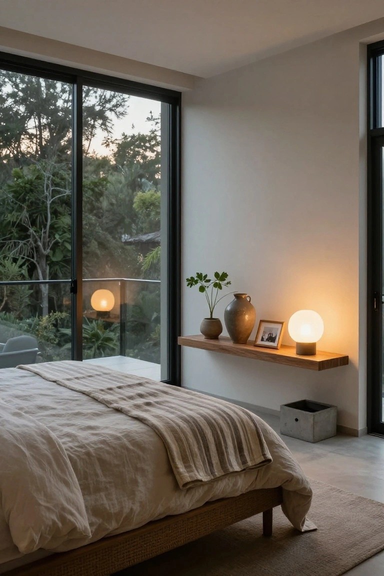 Bedroom with low rattan bed draped in beige linens and striped throw, wooden floating shelf holding potted plant, terracotta vase, photo frame, and two lit white globe lamps, next to black-framed sliding glass doors showing lush green outdoor view.