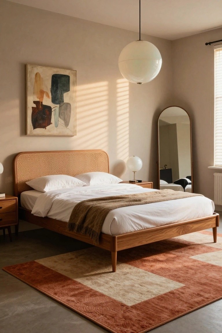 A bedroom interior with beige walls, a large white globe pendant light hanging from the ceiling, rattan headboard on a wooden bed with white bedding and tan throw, wooden nightstands with globe lamps, arched floor mirror, abstract painting, window blinds, and terracotta-cream checkered rug.