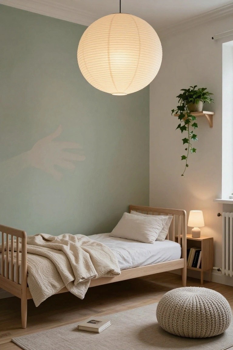 Corner of a light green bedroom with wooden toddler bed draped in cream quilt, large white paper lantern pendant overhead, small white bedside lamp on wooden nightstand, hanging ivy plant on shelf, white knit pouf on floor, and book on rug.