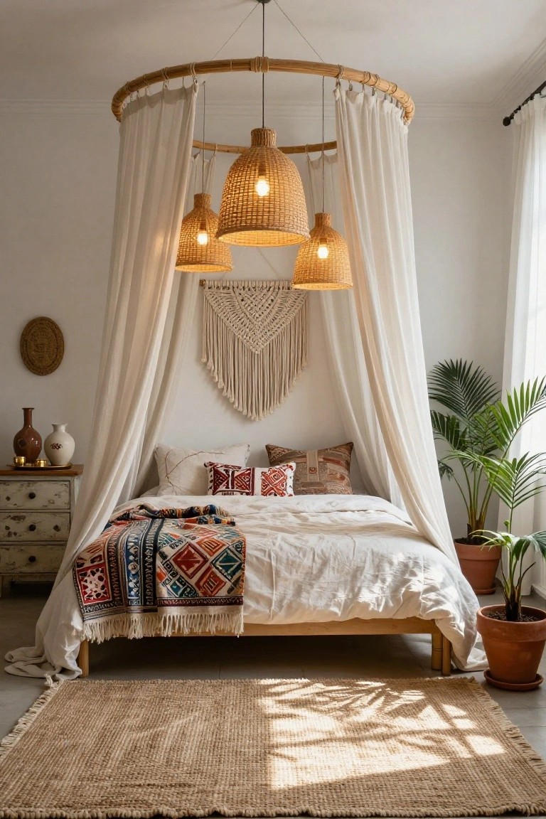 A bedroom with a white canopy bed under a large bamboo hoop frame from which three lit woven rattan pendant lights hang, alongside a macrame wall hanging, colorful bed throw, potted plants, and a seagrass rug.