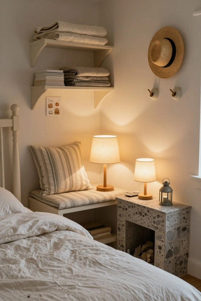 Corner of a bedroom with a white wooden bed frame, rumpled white sheets, striped pillow on a cushioned bench, terrazzo-like nightstand built like a small fireplace holding two wooden table lamps with fabric shades, a metal lantern, wall shelves stocked with folded linens and books, and a straw hat hanging on the wall.