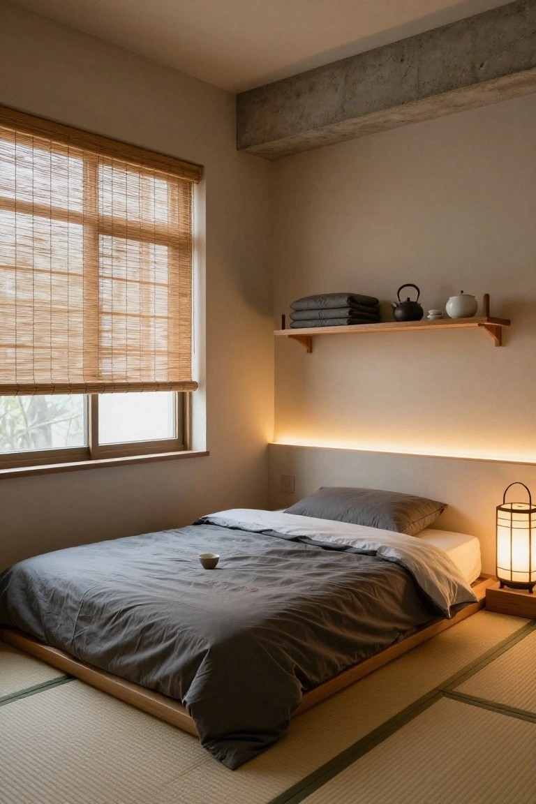 A cozy bedroom with tatami flooring, low wooden platform bed with gray duvet, bamboo blinds on the window, wooden shelf holding folded towels and a teapot, paper lantern lamp beside the bed, and thin LED strip lighting glowing along the wall behind the headboard.