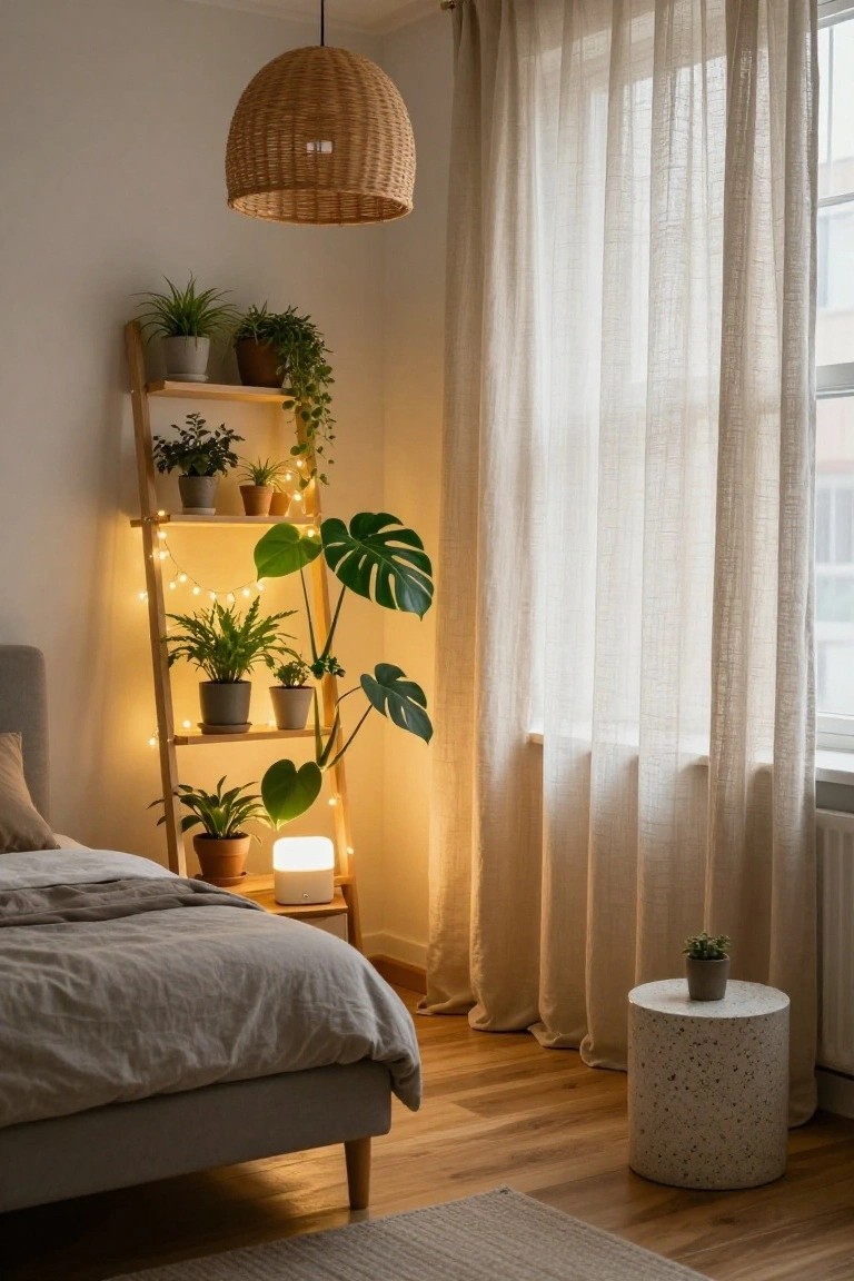 A cozy bedroom with plants, warm lighting, a gray bed, and a round table.