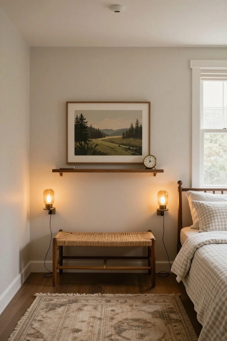 Bedroom corner with wooden bed and checkered bedding, rattan bench flanked by matching glass wall sconces, wooden shelf holding framed landscape art and brass clock above the bench, hardwood floors with Persian rug, and window with shade.