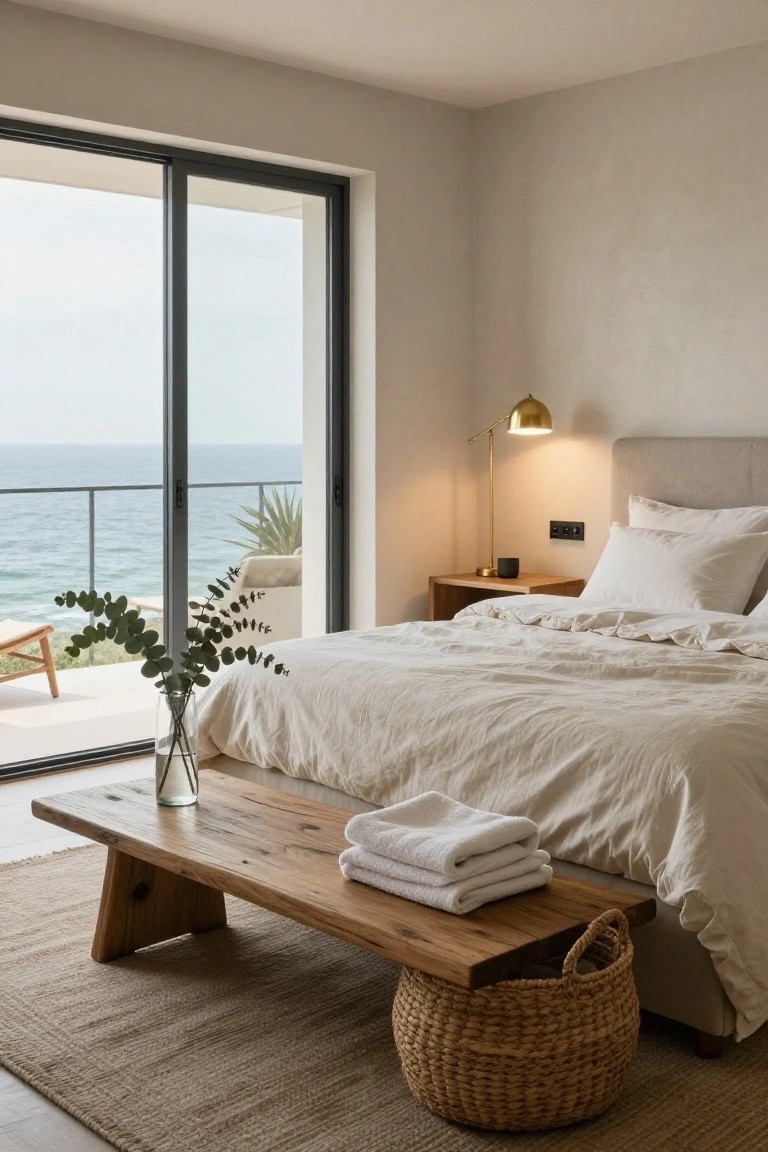 Bedroom with gray upholstered bed dressed in white linens, lit gold arched lamp on wooden nightstand, low wooden bench holding folded white towels and glass vase of eucalyptus branches, sliding glass doors to balcony with ocean view beyond.
