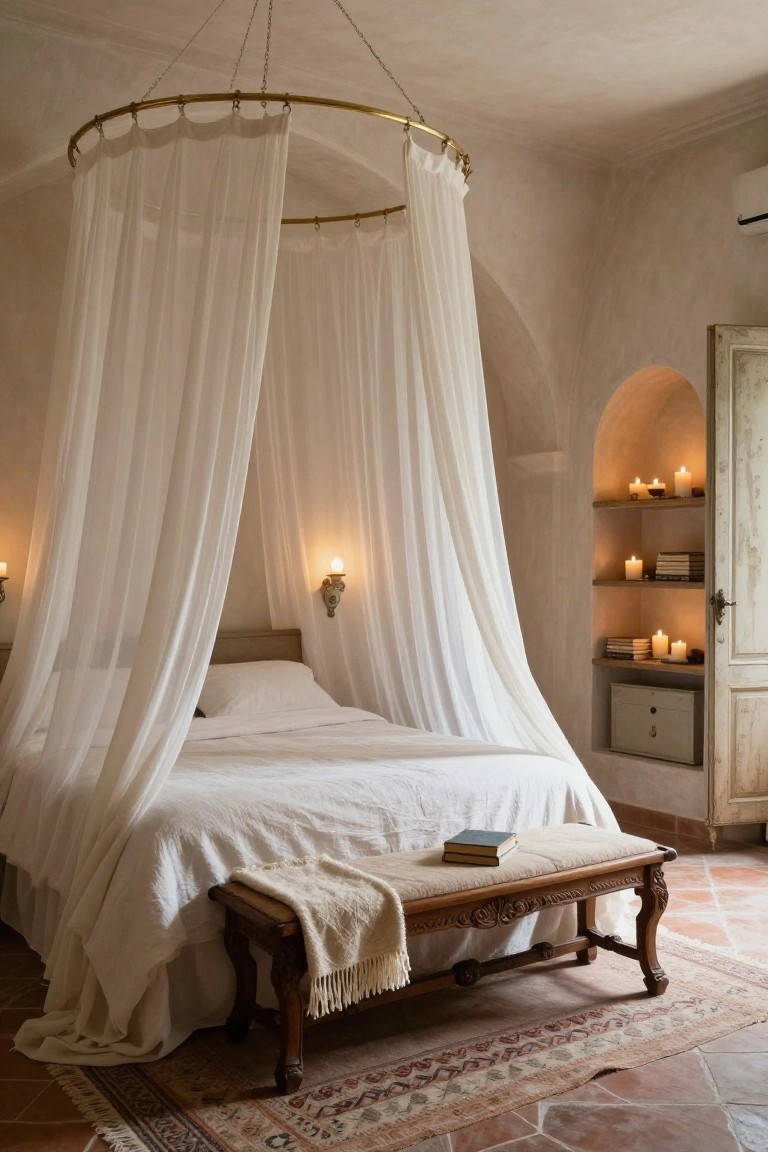 Bedroom with white canopy bed under a gold hoop frame, lit by wall sconces and multiple candles on shelves in a curved beige alcove, wooden bench with book and throw at bed foot, terracotta tile floor and Persian rug.