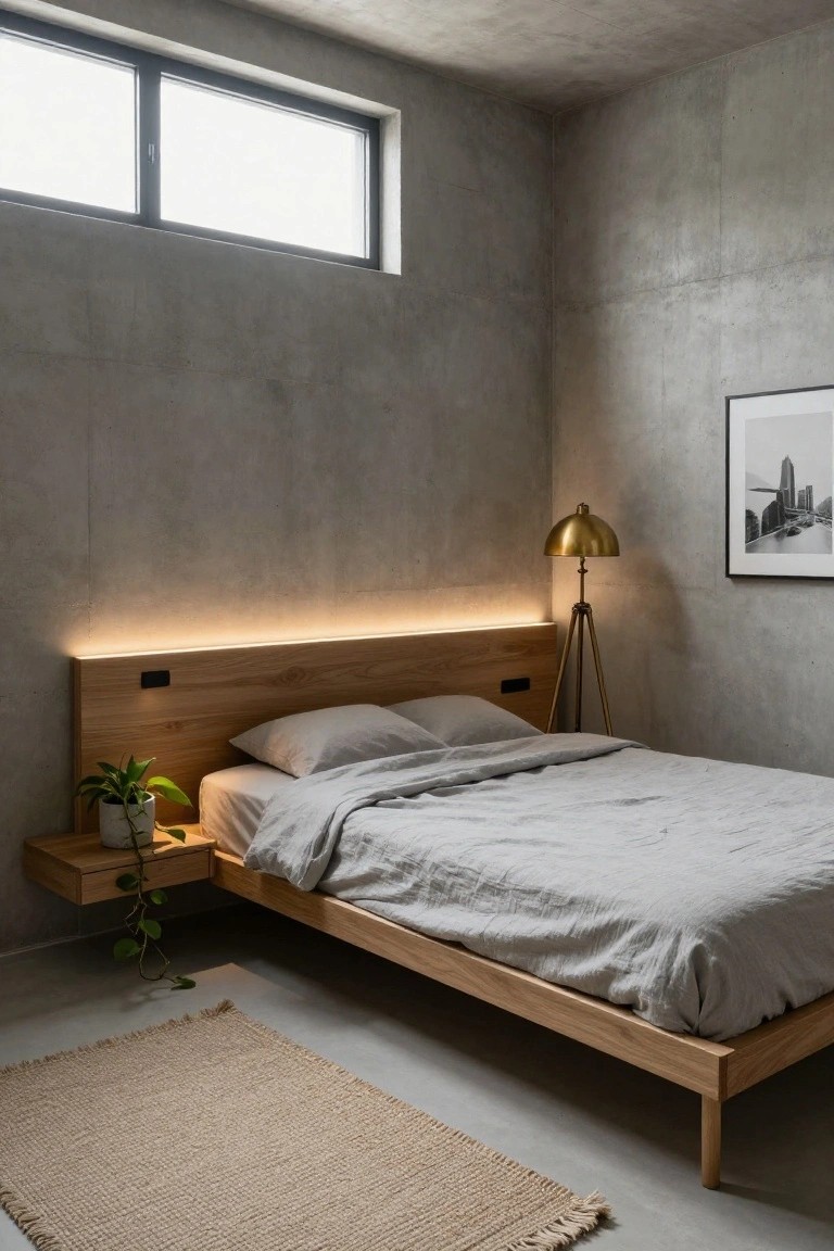 Cozy bedroom with polished concrete walls and floor, oak platform bed with integrated headboard featuring LED strip lighting along the top edge, gold tripod floor lamp, floating wooden nightstand with potted plant, white linens, and seagrass rug.