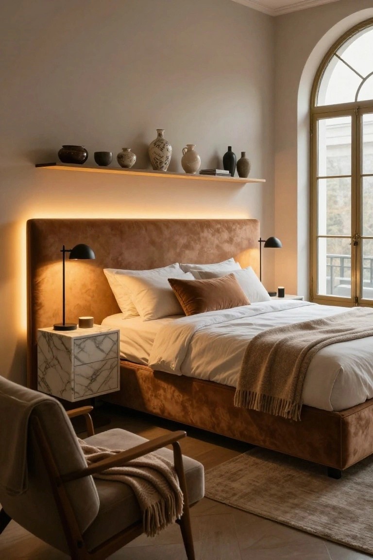 Bedroom interior featuring a brown velvet upholstered headboard with warm LED strip lighting behind it, two black desk lamps on nightstands, marble side table, wooden shelves with ceramic vases, beige armchair with throw, white bed linens, and large arched window with balcony view.