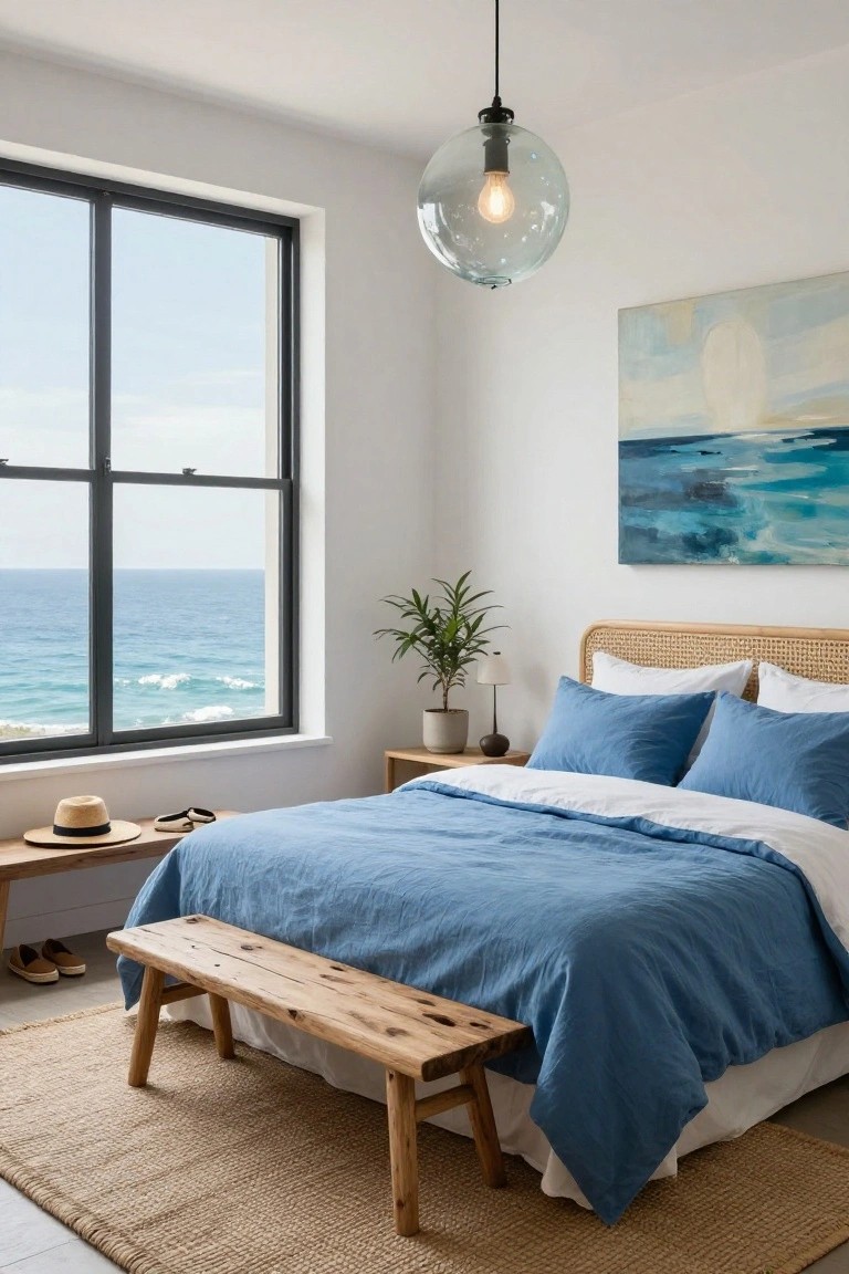 White bedroom featuring a rattan headboard, blue linen duvet on a bed, wooden bench at the foot with hat and shoes, potted plant on bedside table, large black-framed window showing ocean view, seagrass rug on floor.