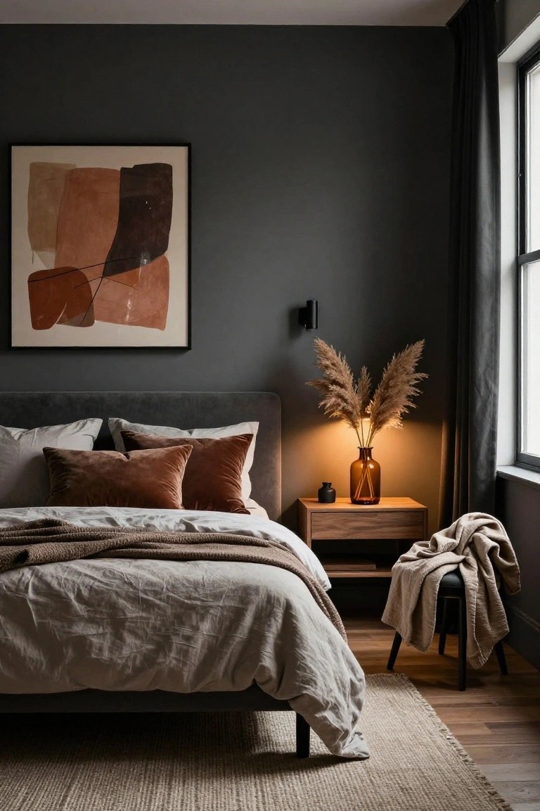 Bedroom with dark gray walls, gray upholstered bed topped with white and rust pillows and beige linen sheets, wooden nightstand with amber glass vase of pampas grass under a lit lamp, large abstract tan and rust artwork, black wall lamp, draped throw blanket on chair, seagrass rug, and window with black curtains.