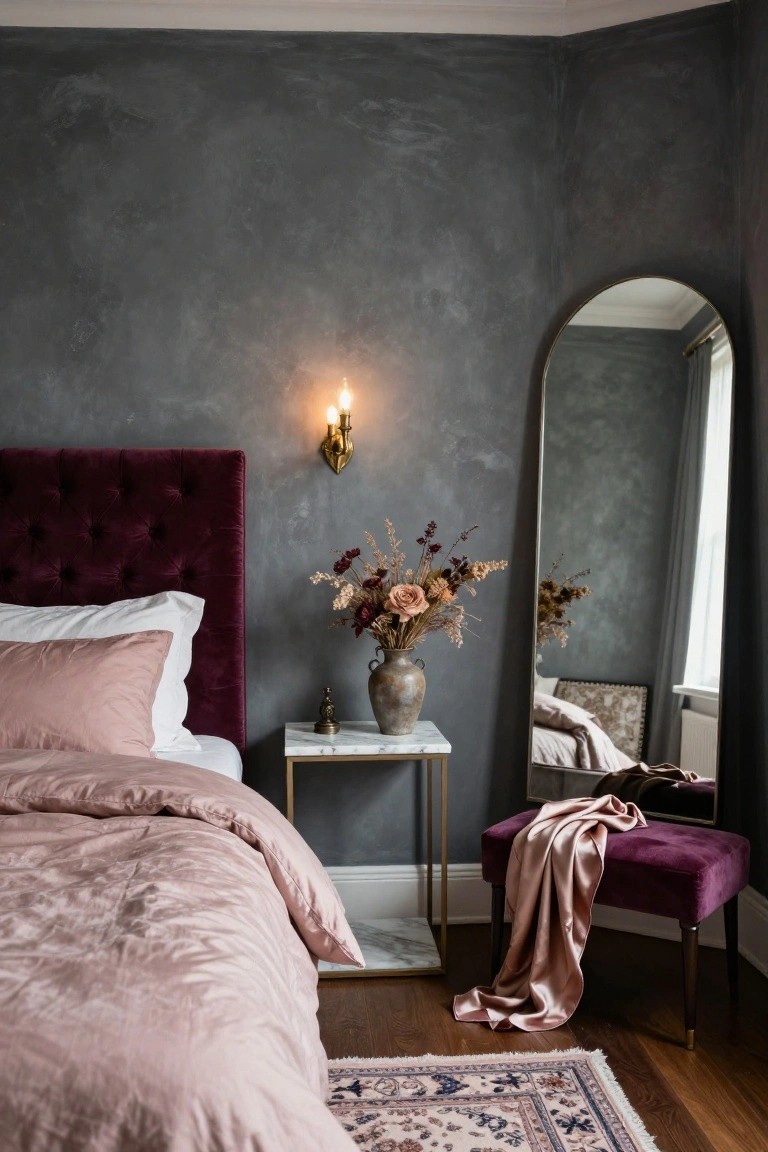 Corner of a bedroom with textured charcoal gray walls, tufted purple velvet headboard and bed with pink satin bedding, arched gold mirror reflecting the room, marble side table holding a vase of dried flowers, purple velvet ottoman draped with pink fabric, and Persian-style rug on wood floors.