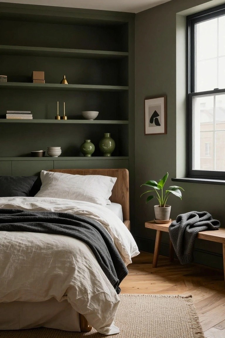 Bedroom corner with dark green painted walls and open shelving displaying books, ceramics, candles, and brass accents, wooden bed frame with white linen sheets and gray throw, potted plant on wooden side table with gray throw, seagrass rug on parquet floor, large black-framed window.