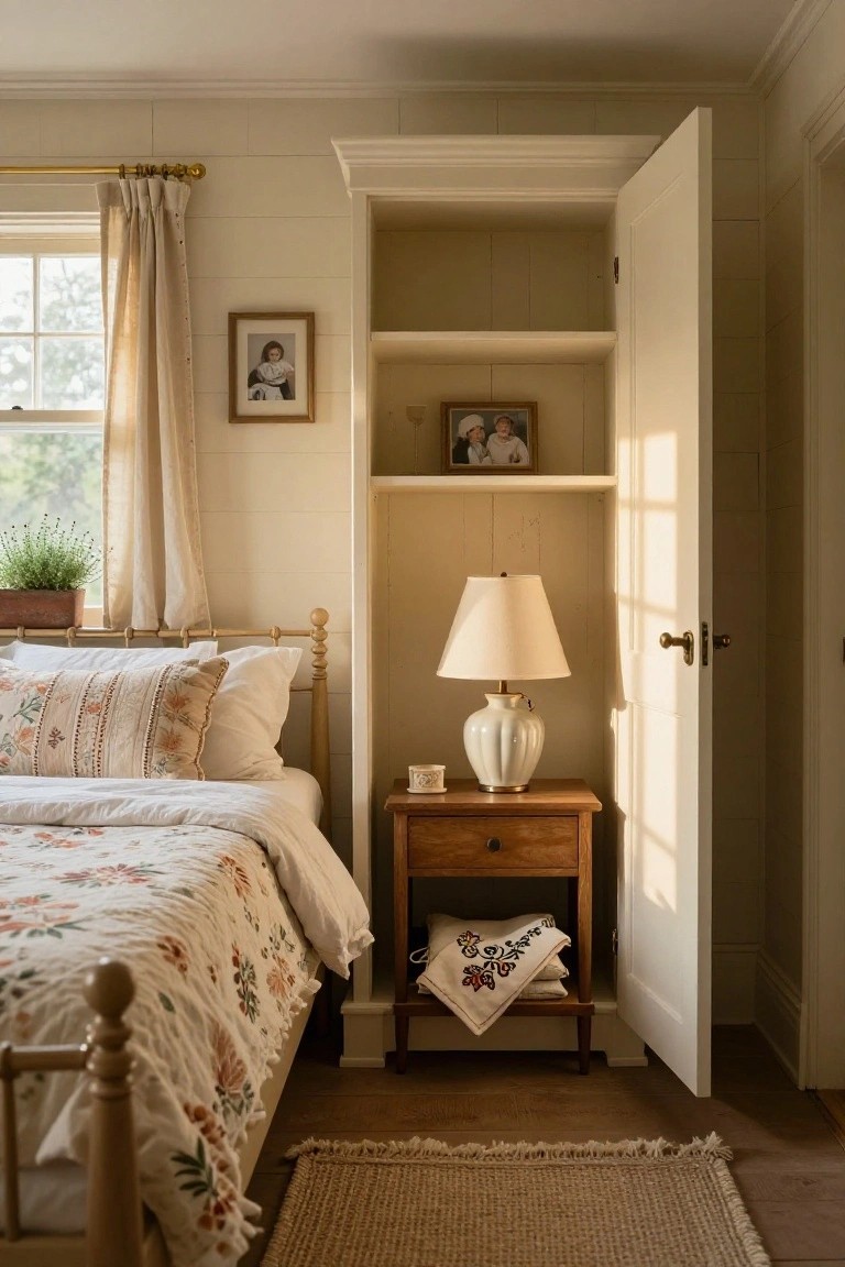 Sunlit cozy bedroom with pale vertical board walls, wooden brass-posted bed draped in floral quilt and pillows, wooden nightstand with white lamp and folded linens, open wardrobe shelves holding framed family photos, potted plant on windowsill, and seagrass rug on wood floor.