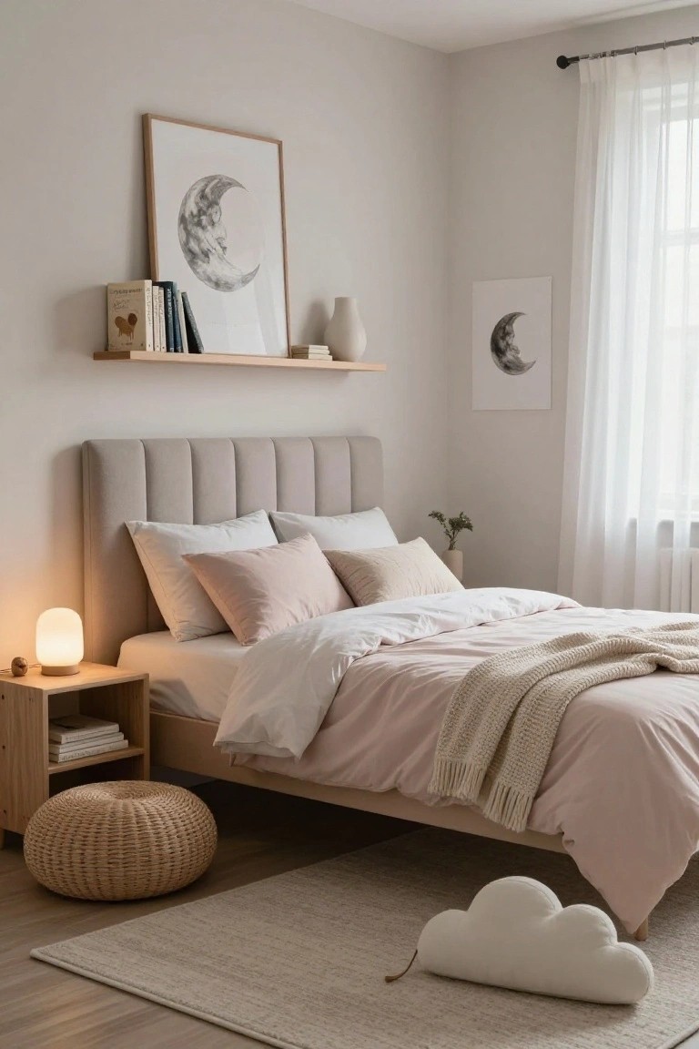 A cozy bedroom corner with light gray walls, tufted gray fabric headboard, bed with white sheets pink duvet and pillows cream throw, wooden nightstand lamp books, woven pouf, white cloud pillow on beige rug, moon artwork framed print shelf with books vase, sheer curtains window.