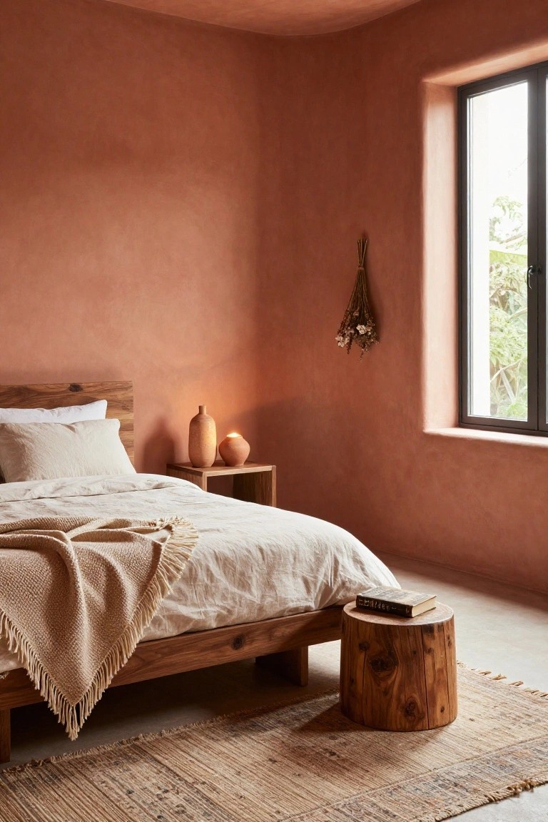 Bedroom interior with curved terracotta pink walls, wooden bed frame with white linen bedding and cream knit throw, wooden nightstand holding two terracotta ceramic lamps, tree stump side table with book, woven rug, and window with greenery outside.