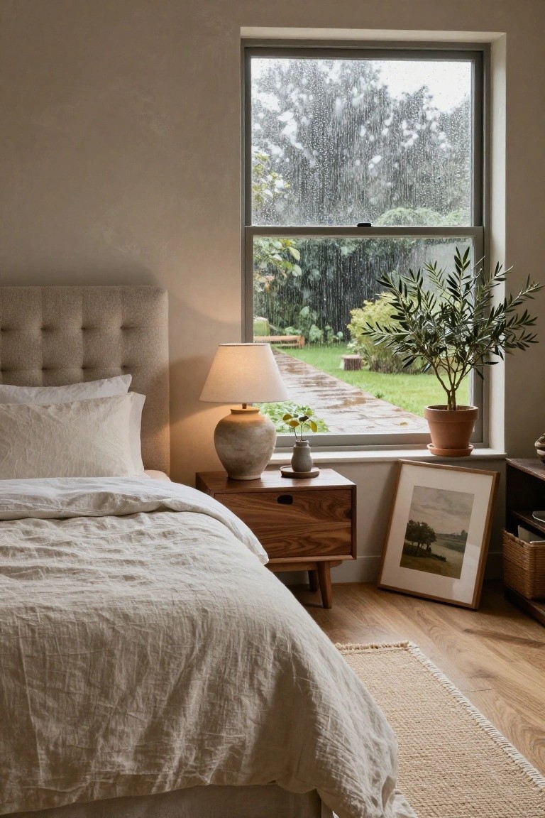 Bed Facing a Rainy Garden View