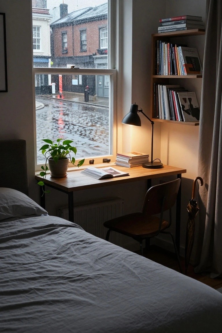 Bedroom interior with wooden desk by large window showing rainy cobblestone street, bookshelves on wall above desk, potted plant on windowsill, task lamp, wooden chair, bed, radiator, and umbrella stand.
