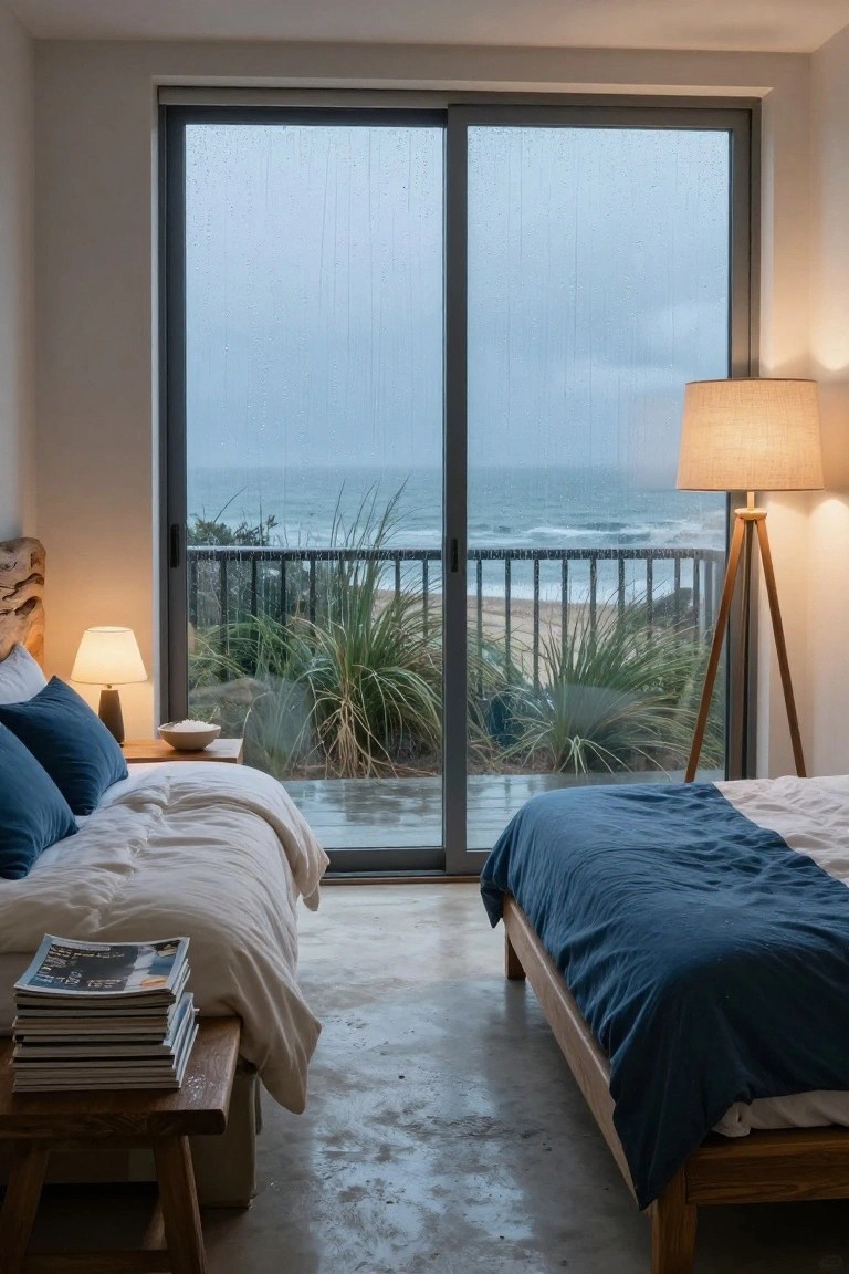 Modern bedroom with two wooden platform beds draped in white and blue linens, bedside lamps, a stack of magazines, and large sliding glass doors overlooking rainy beach dunes, grasses, ocean waves, and balcony railing.
