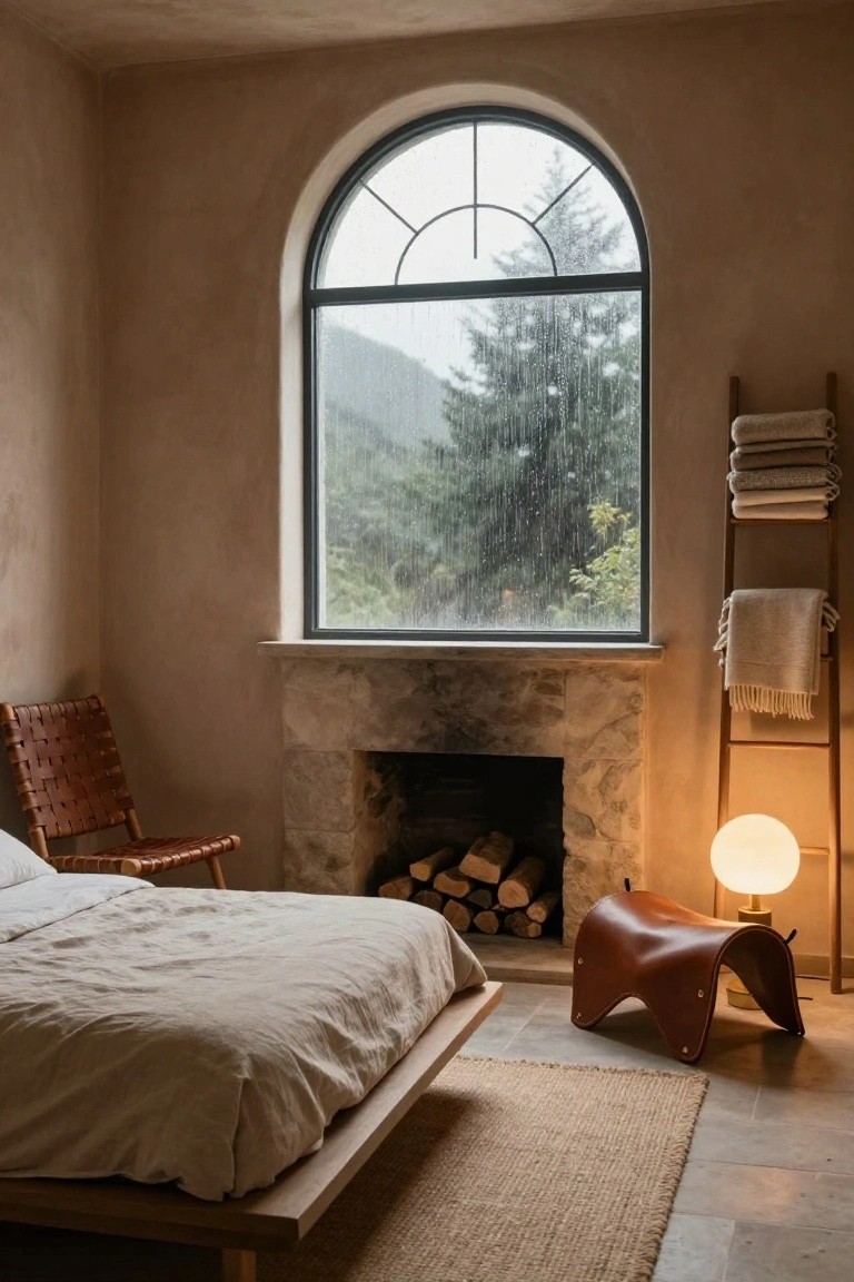 Bedroom with Rustic Stone Fireplace