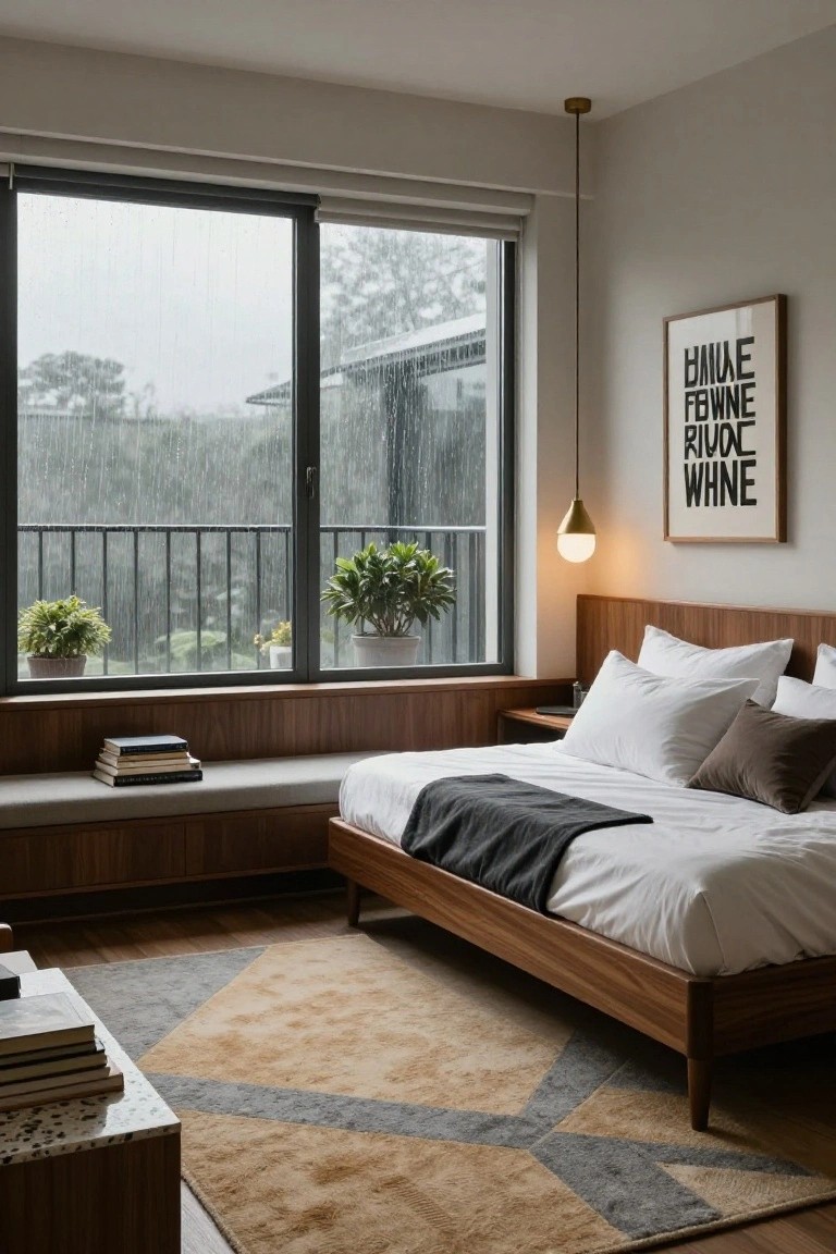 Modern bedroom with wooden built-in bench and books beside a large rain-streaked window, low wooden bed with white sheets and gray throw, pendant light, potted plants, and abstract framed art on beige wall.