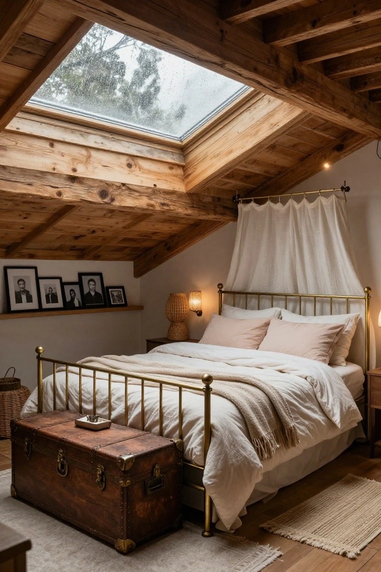 Attic bedroom with sloped wooden beam ceiling, central brass bed draped in white canopy and beige linens, skylight showing rain and trees, wooden trunk at bed foot, rattan lamp, and photo shelves on wall.