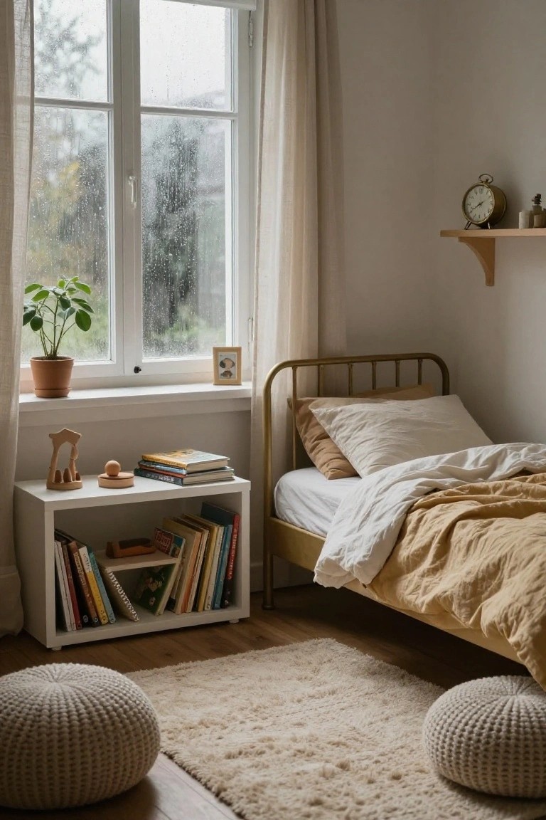 A light-filled child's bedroom features a brass bed frame with rumpled neutral linens and pillows, a white wooden nightstand holding books and wooden toys, two cream poufs on a fluffy rug, a potted plant on the windowsill with rain falling outside, and beige curtains.