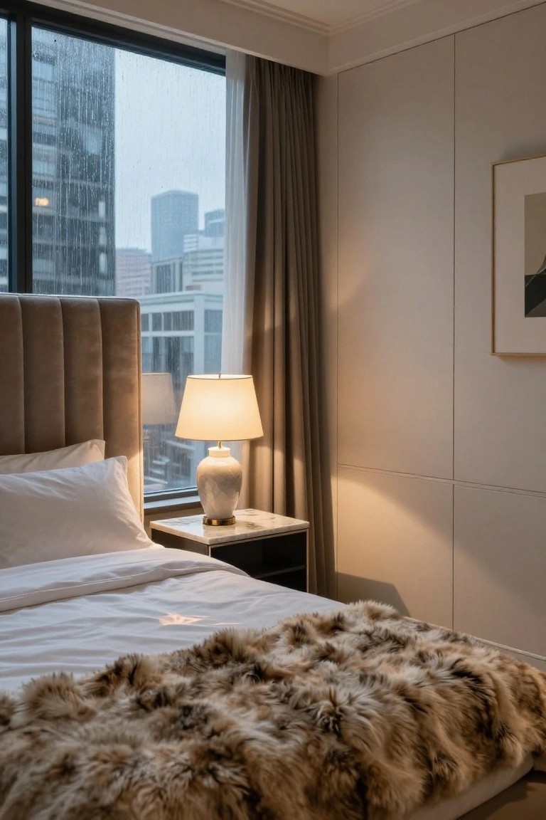 Modern bedroom with beige tufted headboard, white bedding, brown faux fur throw draped over the bed, white ceramic lamp on marble nightstand, and large rain-streaked window overlooking city skyline.
