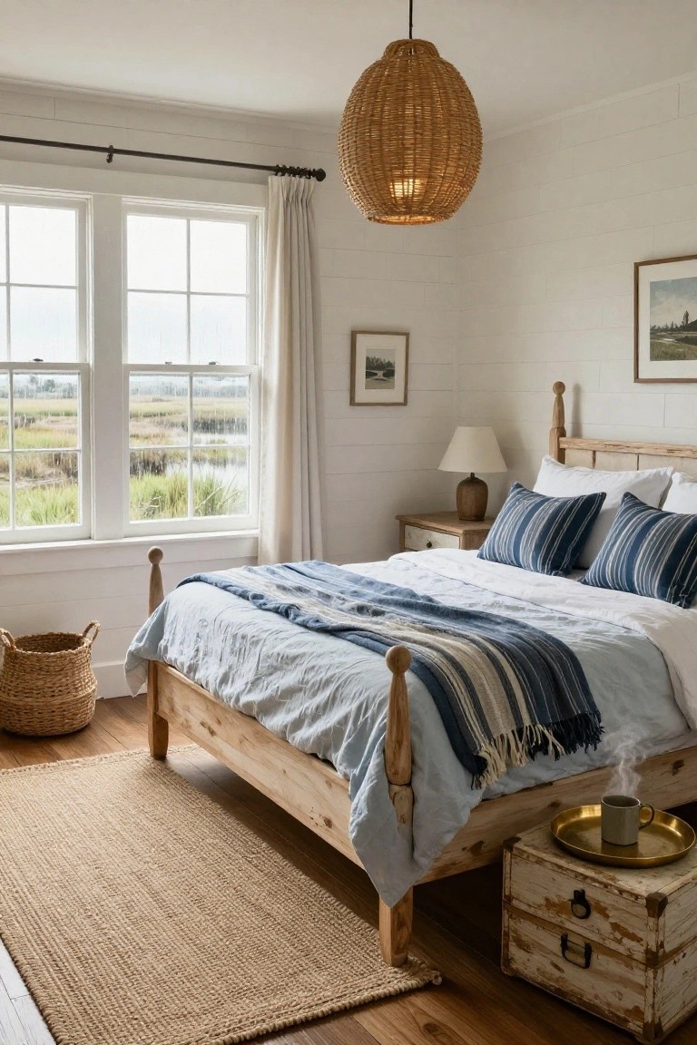 Bedroom with white shiplap walls, wooden poster bed draped in white linens and blue striped pillows and throw, wicker pendant light overhead, seagrass rug on wood floor, wooden nightstand with lamp and tray, large windows showing rainy marsh view.