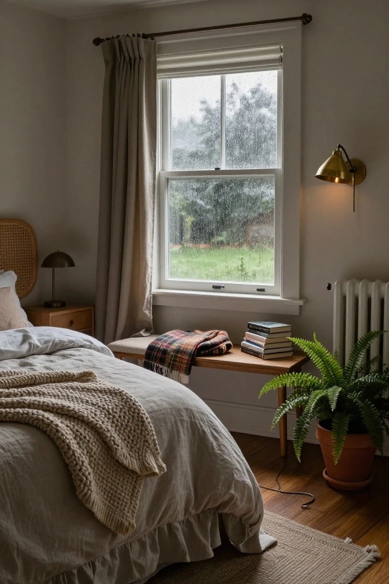 Light beige bedroom with white bed draped in knit throw and linens, wooden bench under rainy window holding stacked books and plaid blanket, fern in terracotta pot, rattan lamp on nightstand, and gold wall sconce.