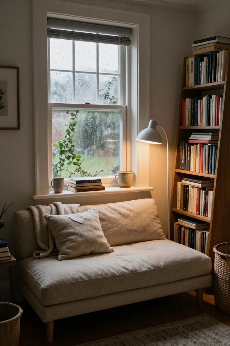Beige low-profile sofa positioned next to a rain-streaked window in a light room, with wooden bookshelves filled with books, a table lamp, stacked books on the windowsill, and woven baskets on the floor.