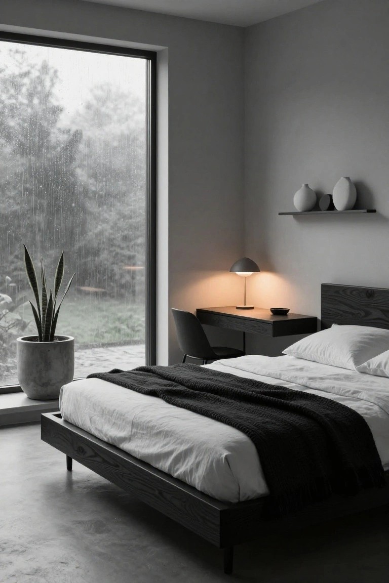 Minimalist gray bedroom with black wood platform bed, white bedding and black throw, matching desk with gold lamp, large window showing rainy trees, potted snake plant, white ceramics on shelf, concrete floor.
