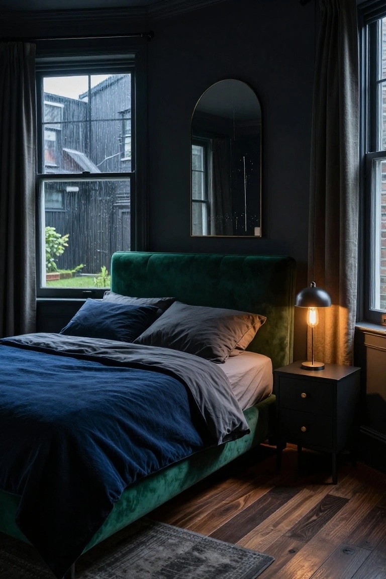 Bedroom interior featuring dark gray walls, emerald green velvet upholstered headboard on a bed with navy blue duvet and gray sheets, black nightstand with conical lamp, gold-framed arched mirror, and large windows showing rain outside.