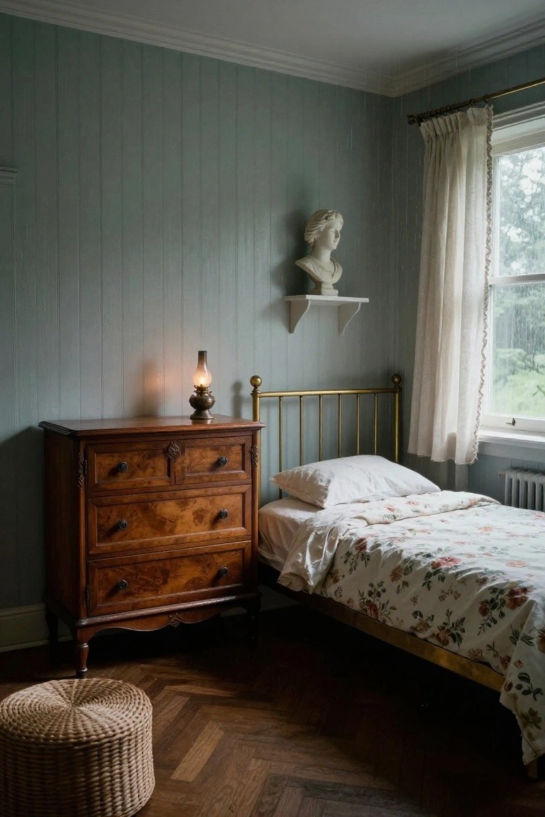Corner of a bedroom with pale green paneled walls, brass bedframe with white floral bedding, antique wooden dresser topped with oil lamp, white marble bust on wall shelf, wicker stool, and window showing rain outside.