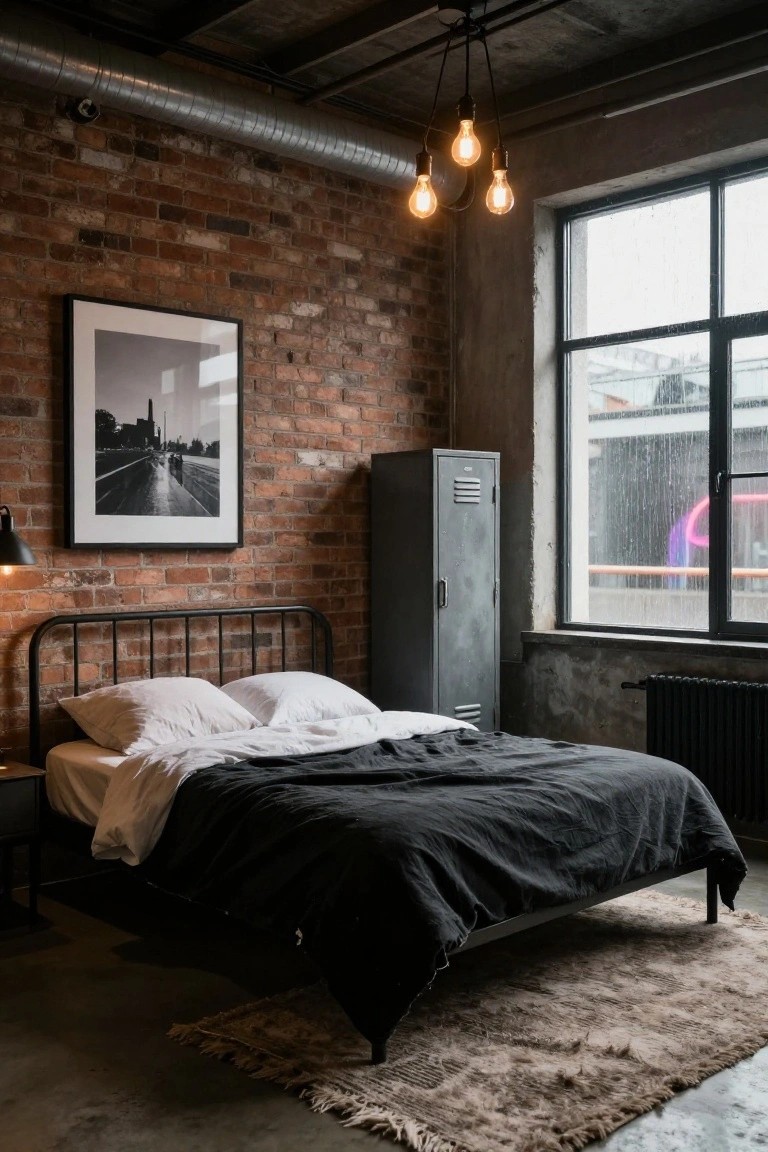 Bedroom with red exposed brick wall, black metal bed frame holding white pillows and black sheets, tall gray metal locker cabinet, large window showing rain outside, and hanging bulb lights.
