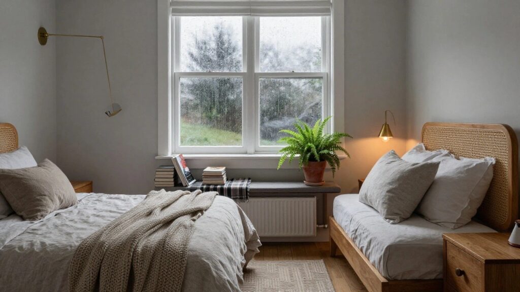 Light beige bedroom with white bed draped in knit throw and linens, wooden bench under rainy window holding stacked books and plaid blanket, fern in terracotta pot, rattan lamp on nightstand, and gold wall sconce.
