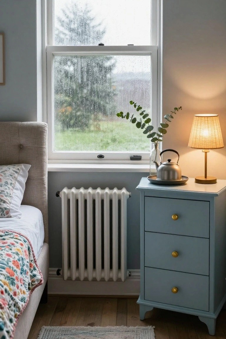 Bedroom corner showing a beige upholstered headboard on a bed with white sheets and floral quilt, blue nightstand with gold knobs holding a silver kettle on a saucer, fabric lamp, glass vase of eucalyptus, next to a rainy window, white radiator, and wood floor with rug.
