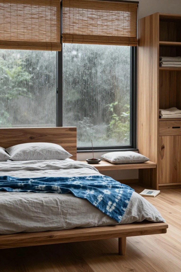 Low wooden platform bed with gray linen sheets, pillows, and blue shibori blanket in a bedroom with bamboo blinds over large rainy windows, wooden built-in furniture, and oak floors.