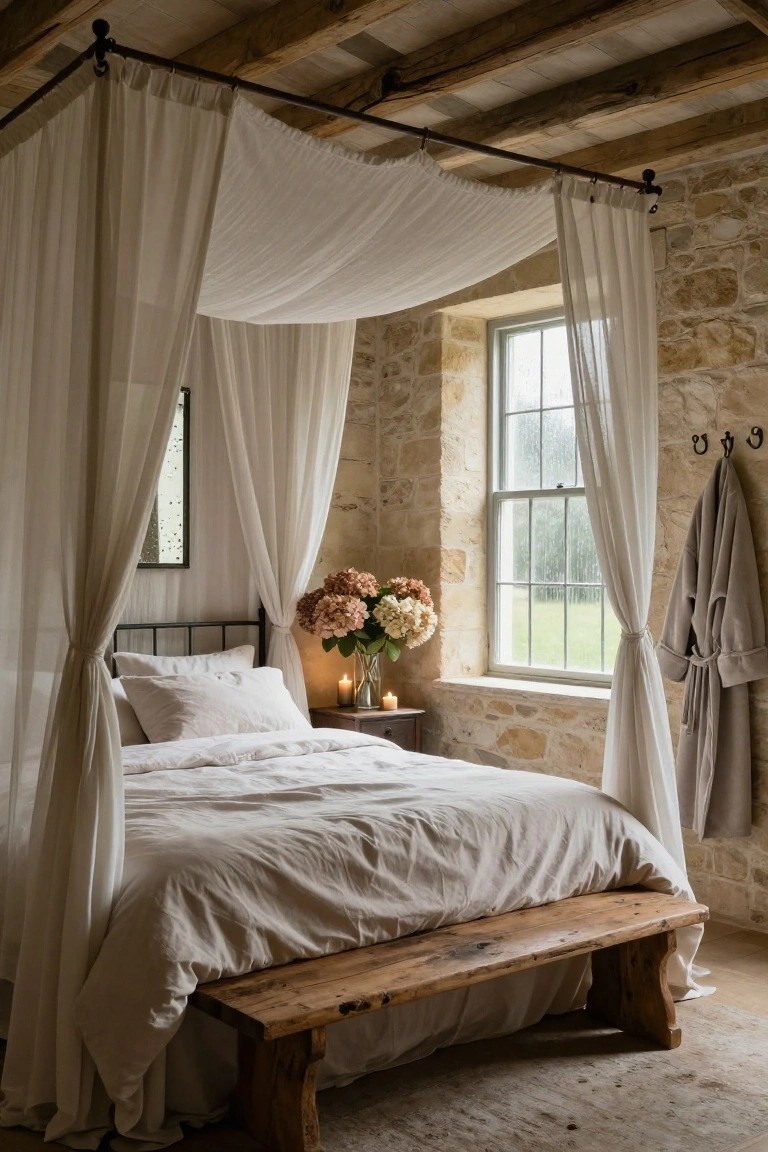 Bedroom interior with stone walls, wooden beams, a black iron four-poster bed draped in white sheer curtains, white bedding, wooden nightstand with candles and flowers, wooden bench at bed foot, gray robe on wall hook, and window showing rainy green view outside.