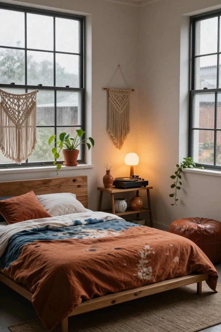 Bedroom corner featuring a wooden platform bed with terracotta and indigo batik duvet, white pillows, macrame wall hangings, potted plants near large rainy windows, a globe lamp and turntable on a wooden shelf, and a leather pouf.