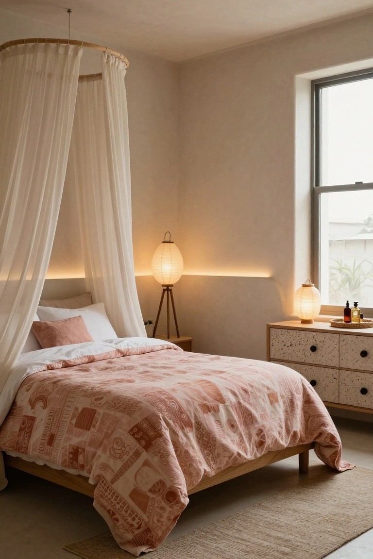 Bedroom with a white sheer canopy draped from a circular bamboo frame over a low wooden bed covered by a pink patterned quilt and white sheets, next to a wooden nightstand holding paper lantern lamps and a dresser with terrazzo doors, beige walls, large window, and seagrass rug.