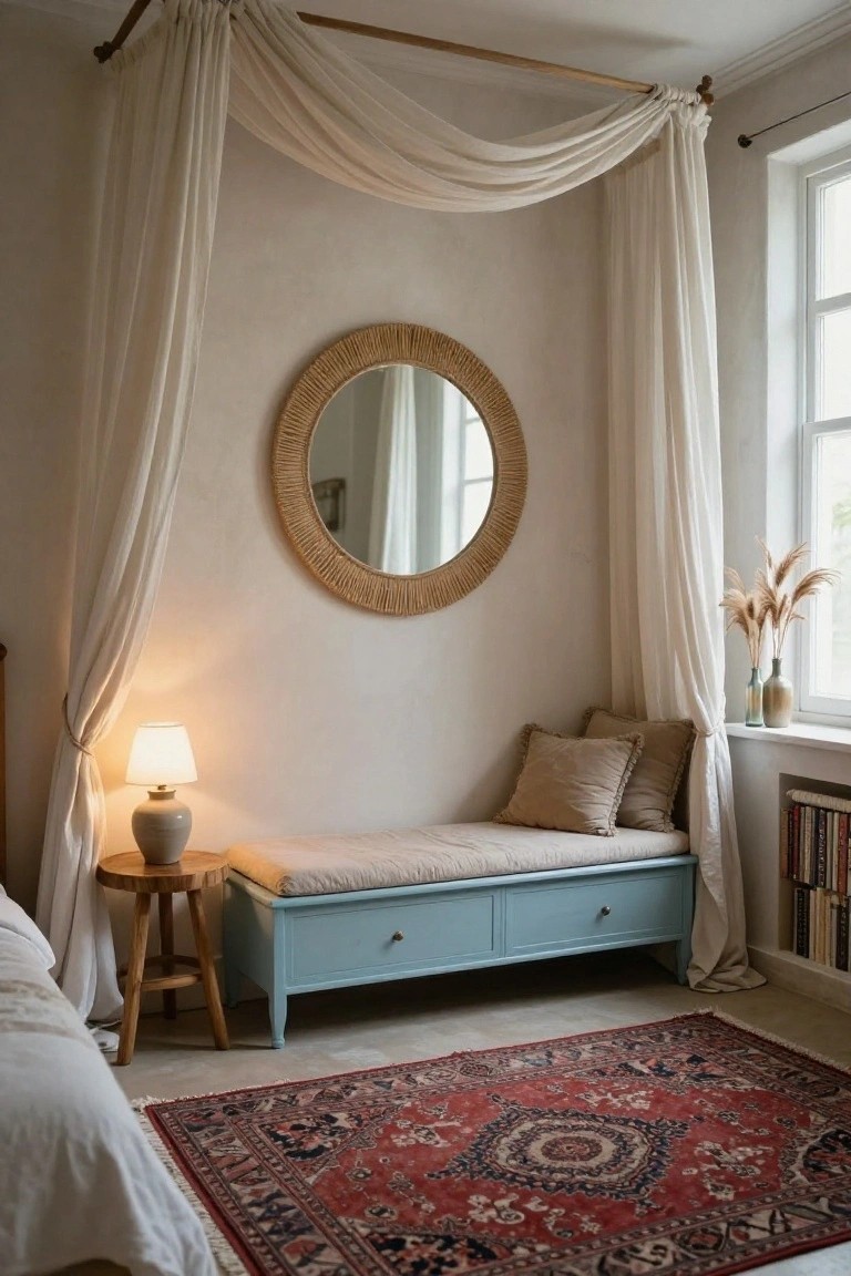 Bedroom corner with a cushioned blue bench under a window, rattan mirror on wall, pampas grass in glass vases on windowsill, table lamp on wooden stool, sheer draped canopy from wooden beam, white bed partially visible, and red patterned rug on floor.